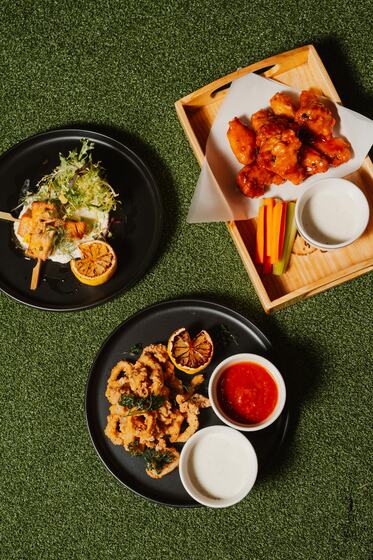 Shareables together &mdash; wings, calamari and salmon skewers