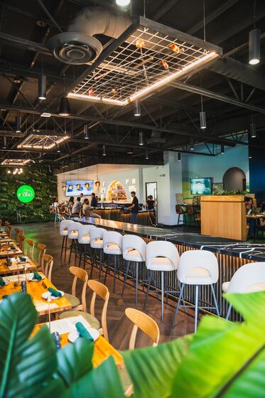The dining room and bar seen from the entrance